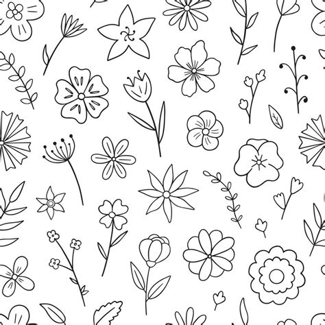 Hand drawn seamless pattern of flowers and branches doodle. Floral and ...