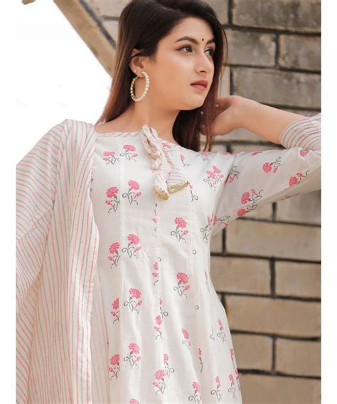 White Anarkali Floral Printed Kurta Set With Dupatta Geeta Fashion