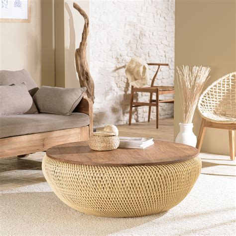 Alida Table Basse Ronde X Cm En Rotin Beige Plateau Amovible