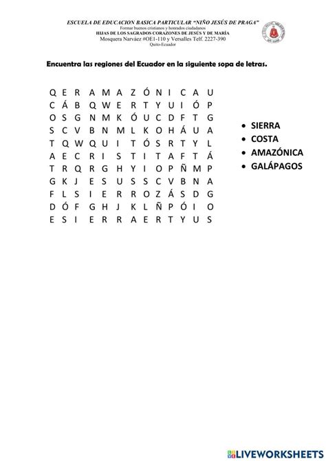 Sopa De Letras Regiones Del Ecuador Worksheet Sopa De Letras Letras