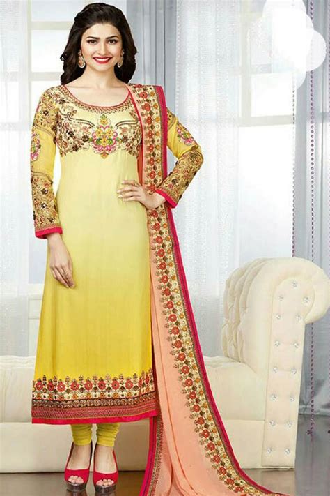 Yellow And Peach Georgette Semi Stitch Punjabi Suit With Embroidered