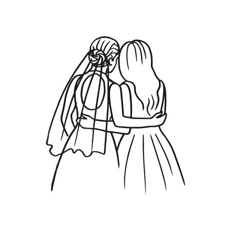 Brides Stand Side By Side And Back To The Viewer At Their Wedding Hand Drawn Doodle Drawing