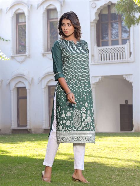 Green Ethnic Motifs Straight Silk Blend Kurta With Pants Jaipurkurtius