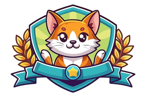 Cartoon Cat In A Shield With A Blue Ribbon And A Star Premium Ai