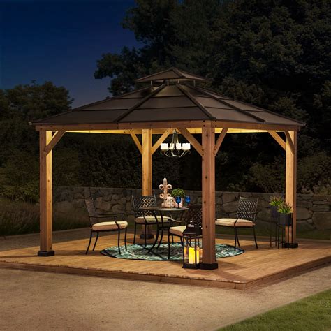 Sunjoy 11 Ft X 11 Ft Cedar Framed Patio Gazebo Brown Steel 2 Tier Hardtop Outdoor Netting