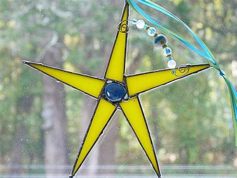 Whimsical Stained Glass Star Lemon Yellow With Blue By Miloglass 16 00 Yellow Art Lemon