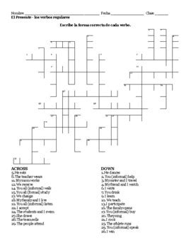 Spanish Present Tense Crossword Regular Ar Er Ir Verbs TPT