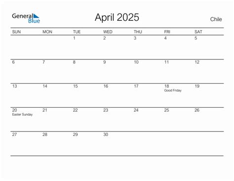 Printable April 2025 Monthly Calendar with Holidays for Chile