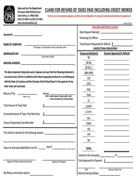 Fillable Online Calcasieusalestax Claim For Refund Form July Fax