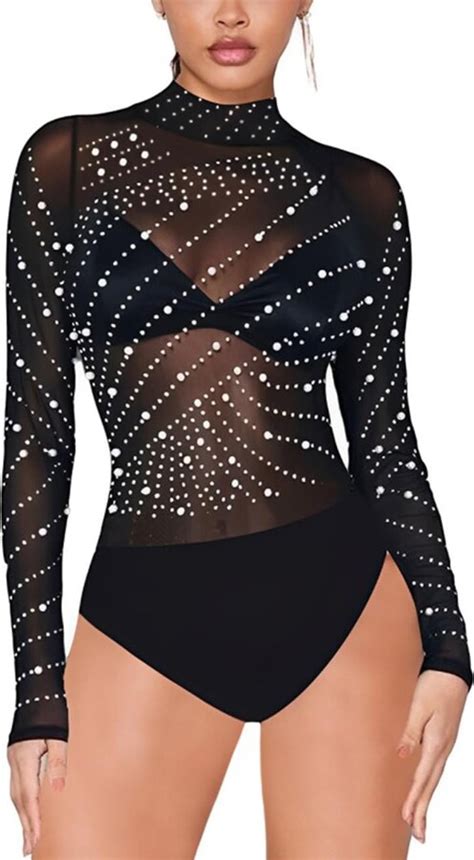 Sebowel Rhinestone Long Sleeve Bodysuit Sexy Sheer Mesh Bodysuit For