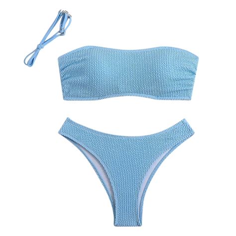 Zqgjb Women S Two Piece Bandeau Swimsuit Ribbed Solid Color Strapless Tube Bikini Top With Mid
