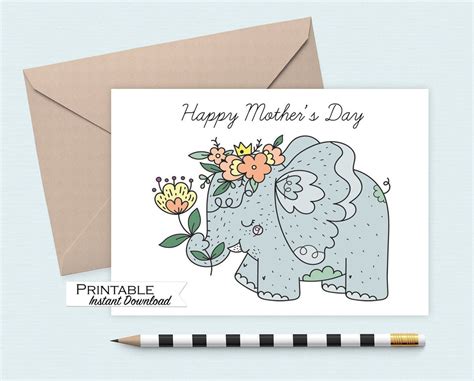 Elephant Mothers Day Card Printable Flower Crown Elephant Card