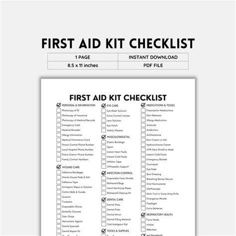 First Aid Kit First Aid Checklist Checklist Printable Survival Kit