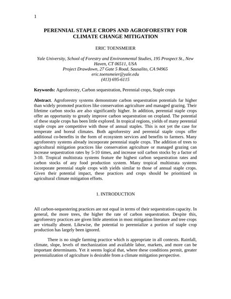 (PDF) Perennial Staple Crops and Agroforestry for Climate Change Mitigation