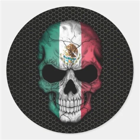 Mexican Flag Skull on Steel Mesh Graphic Round Sticker | Zazzle