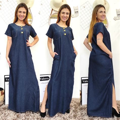 Vestido Chemise Longo Jeans Fenda Lateral Shopee Brasil