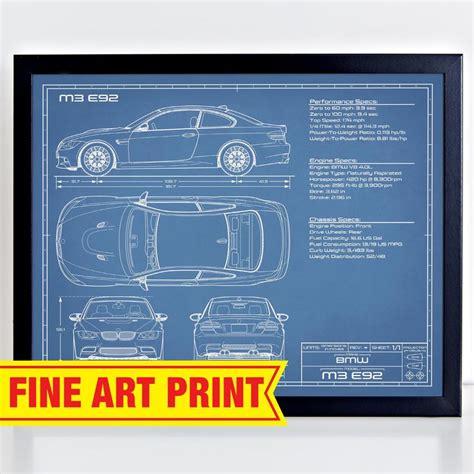 Bmw M3 E92 2007 2013 Blueprint Art Bmw Print Poster Etsy Blueprint Art Bmw M3 Blueprints