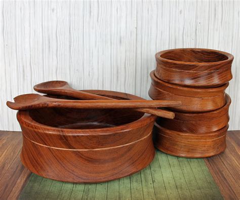 Vintage Wooden Salad Bowl Serving Set with Large Bowl 4 Individual Bowls and 2 Spoons Teak Wood ...