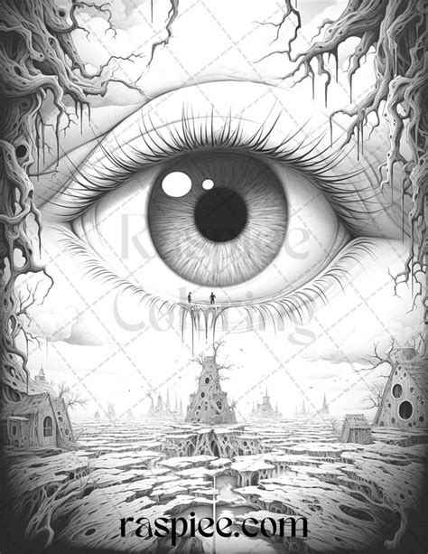 40 Surrealism Eyes Grayscale Coloring Pages Printable For Adults Pdf