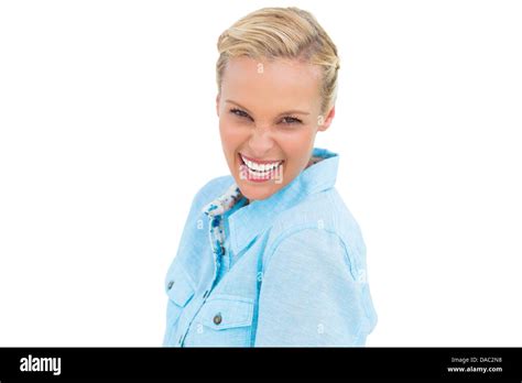 Blonde Woman Laughing At Camera Stock Photo Alamy