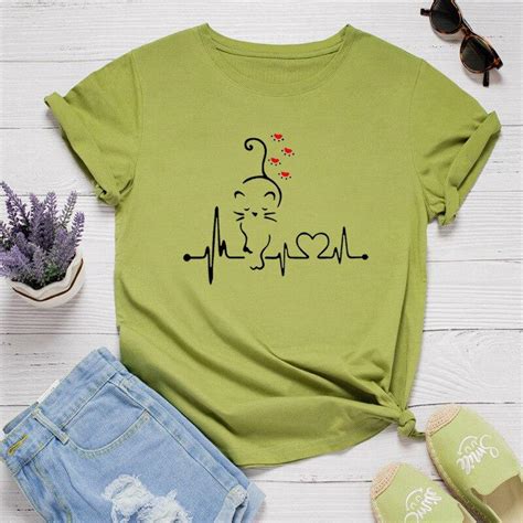 Cat Heartbeat Print Women T Shirt Short Sleeve O Neck Loose Women Tshirt Ladies Tee Shirt Tops