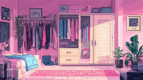 Fashionable pixel art bedroom from the 90s, dominated by pink hues ...