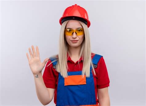 Heureux Jeune Fille De Constructeur Ing Nieur Blonde En Uniforme