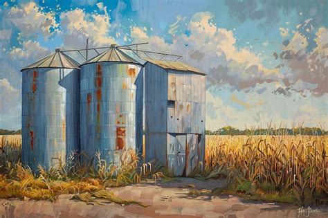 Four Silver Silos In Corn Field Premium Ai Generated Image