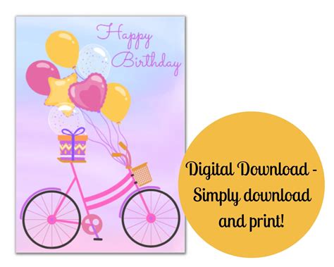 Printable Birthday Card PDF Digital Download Birthday Cards for Her, Bicycle Birthday Card ...