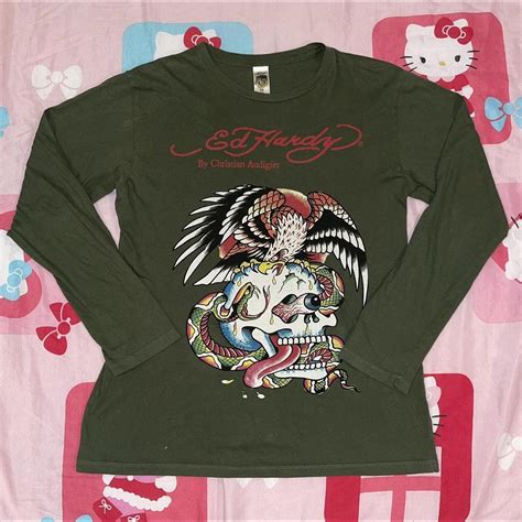 Army Green Long Sleeve Shirt By Ed Hardy ♡ Graphic Depop