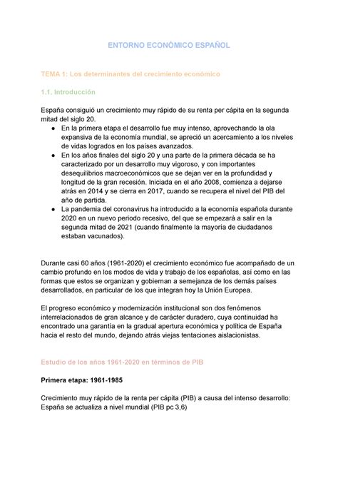 EEE apuntes tema 1 ENTORNO ECONÓMICO ESPAÑOL TEMA 1 Los