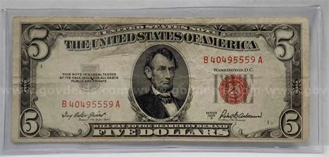 Silver Certificate 5 Five Dollar Bill Red Ink Miscut Us Us Mint