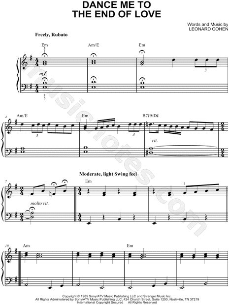 Leonard Cohen Dance Me To The End Of Love Sheet Music Easy Piano In