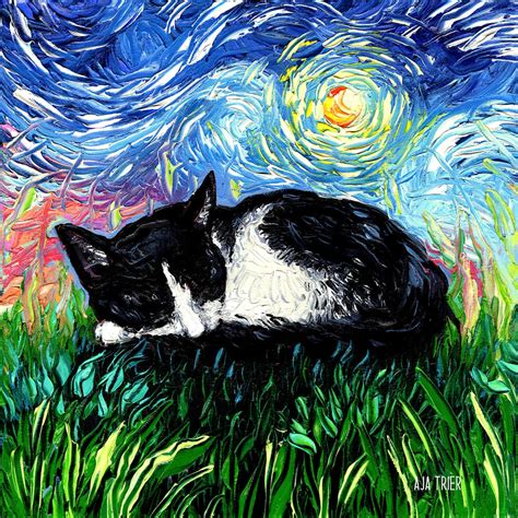 Sleeping Tuxedo Kitten Cat Starry Night Art Print Picture by Aja Choose ...