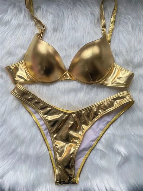 Luxurious Gold Tone Metallic Bikini Set Swimwear On Luulla