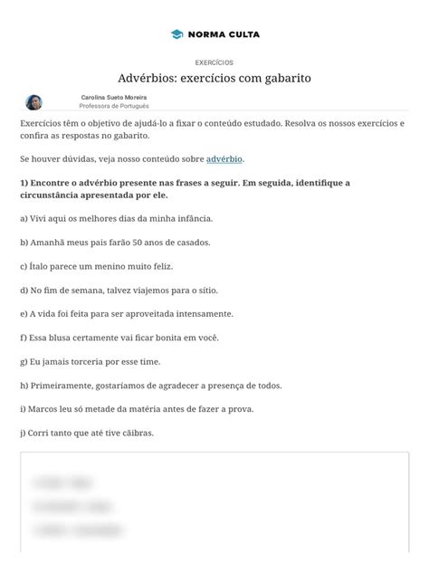 Exercícios Advérbio 6 Ano Com Gabarito - Exercícios de Advérbios com Gabarito | PDF | Advérbio