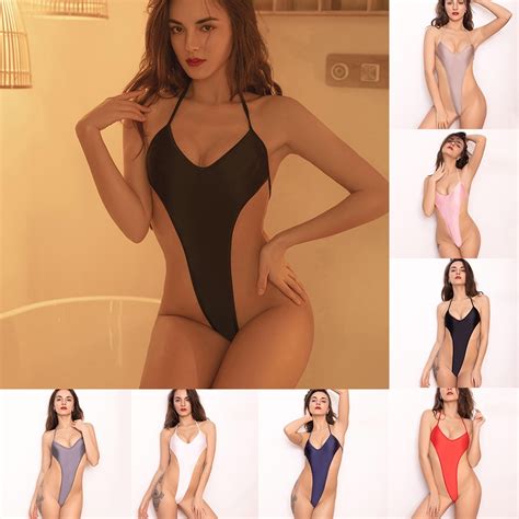 Frauen Body Thong Leotard Wet Look Figurbetonter Bodysuit Halter