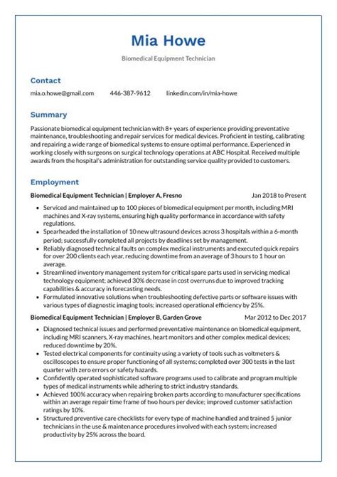 Biomedical Equipment Technician Resume (CV) Example and Writing Guide