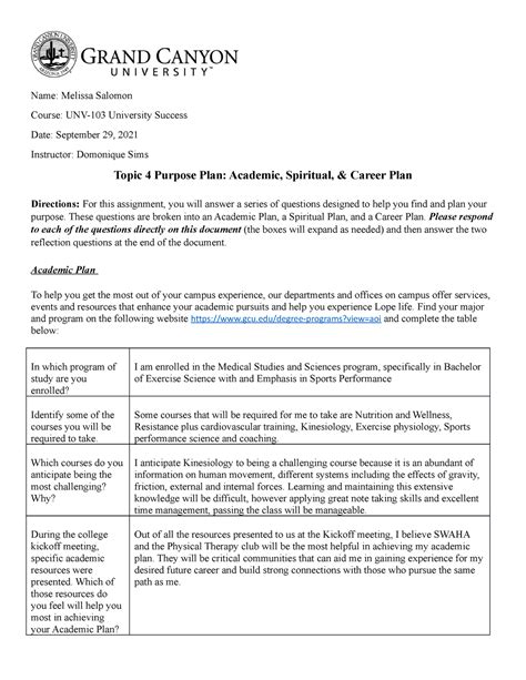 UNV 103 T4 Purpose Plan Trad Name Melissa Salomon Course UNV 103