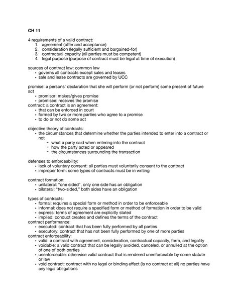 Ch 11 Notes Ch 11 4 Requirements Of A Valid Contract 1 Agreement Offer And Acceptance 2