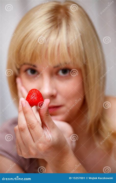 Beautiful Blonde Girl Tempts Us Fresh Strawbery Stock Image Image Of Looking Female 15257001