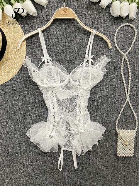 Singreiny Lace Sheer Bodysuits Women Spaghetti Strap Backless Sheath Rompers Lingerie Erotic