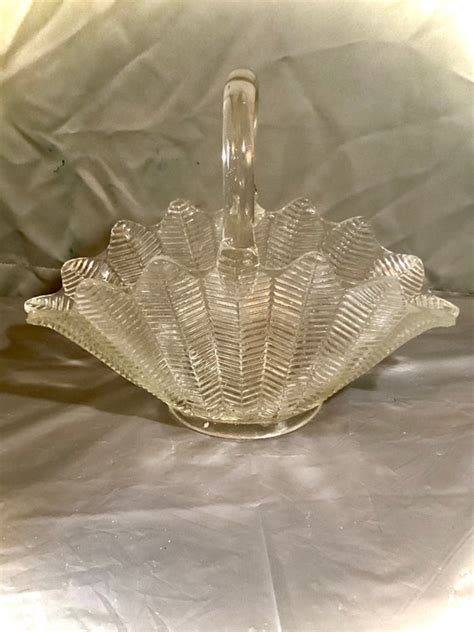 Vintage L E Smith Large Clear Carnival Glass Feather Basket Etsy