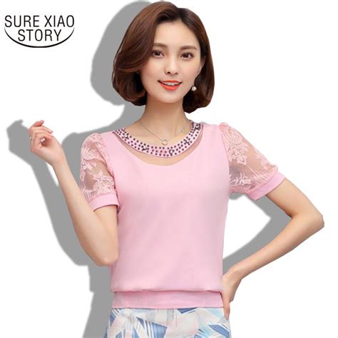 Cheap Surwenyue Summer Fashion Sweet Hollow Chiffon Shirt Short Sleeve Lace Blouse Female Sexy