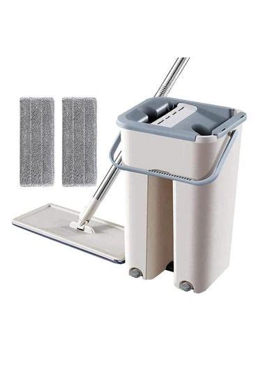 Flat Squeeze Mop Bucket System With Hand Free Wash Microfiber Mop Pads Stainless Steel Pole