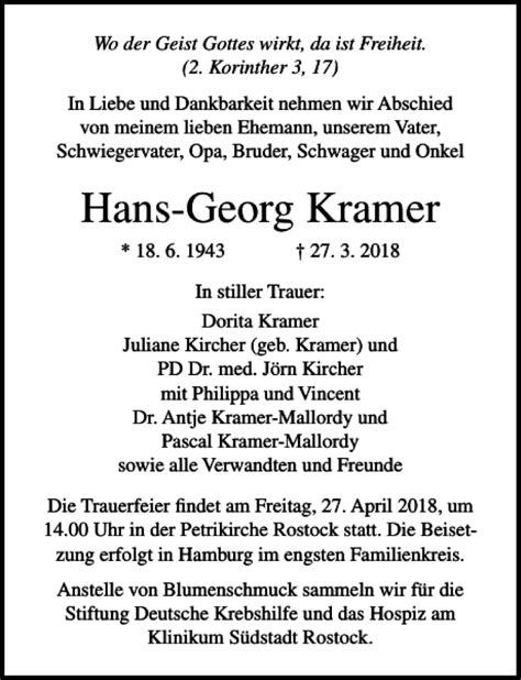 Traueranzeigen Von Hans Georg Kramer Trauer Anzeigen De