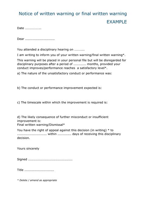 Notice Of Written Warning Or Final Written Warning Template Example Fill Out Sign Online