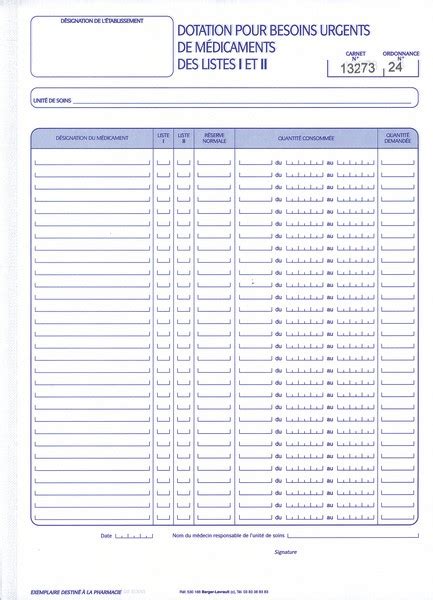 Carnet de dotation pour besoins urgents de médicaments sur les listes I