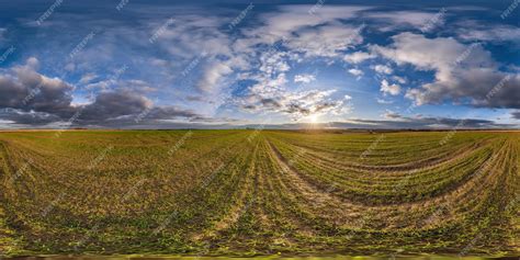 Premium Photo 360 Hdri Panorama View Among Fields With Sunset Sky In