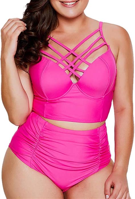 Diomor Womens Classic Plus Size High Waisted Bikini Set Criss Cross Front Push Up Bra Tummy
